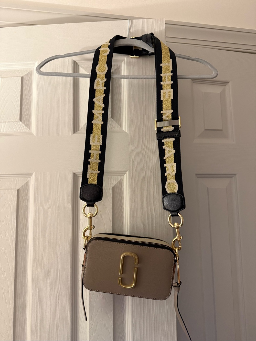 Marc Jacobs Taupe Crossbody Camera Bag with Black & Gold Strap